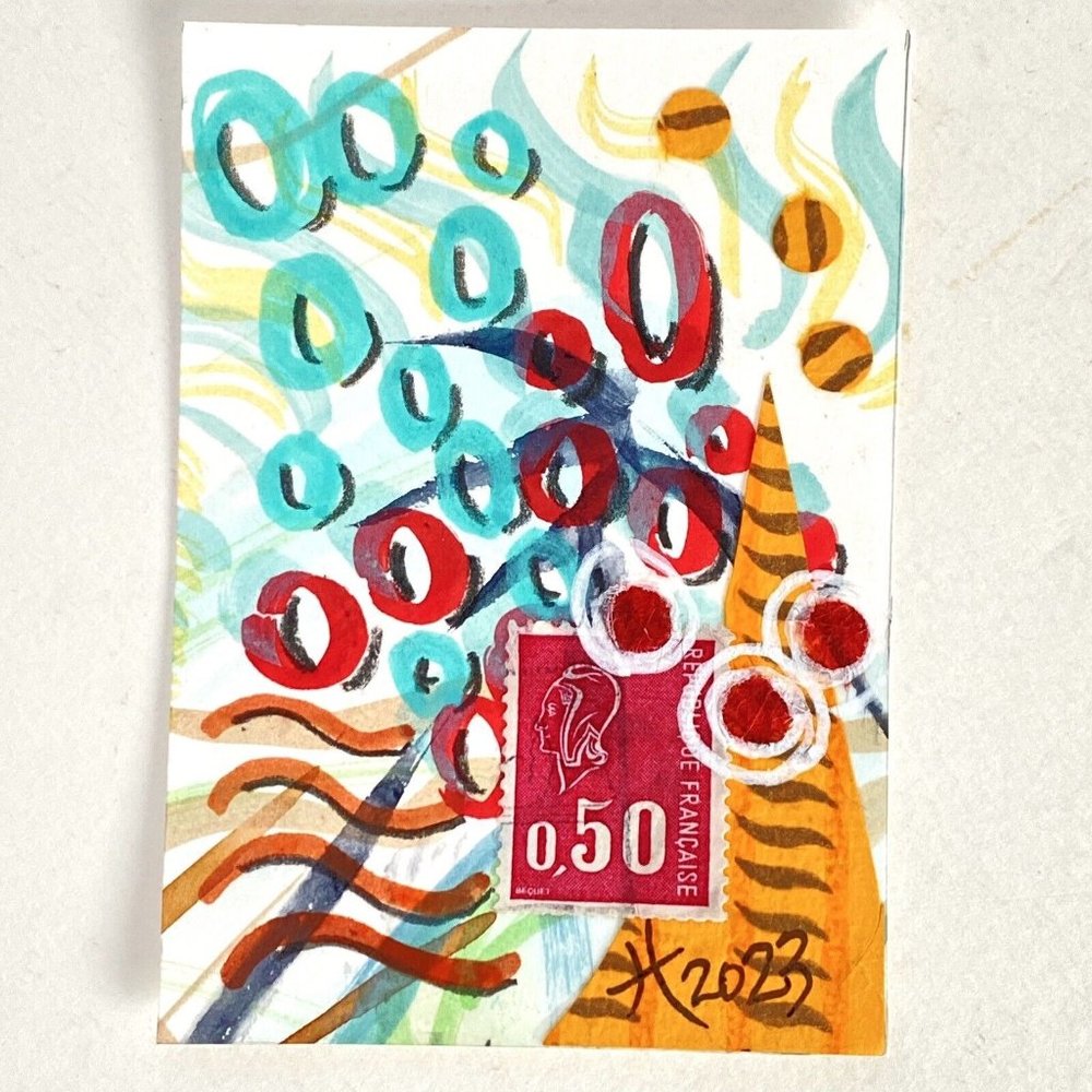 ACEO Original Acrylic Painting France Postage Stamp Art Tristina Dietz Elmes ATC